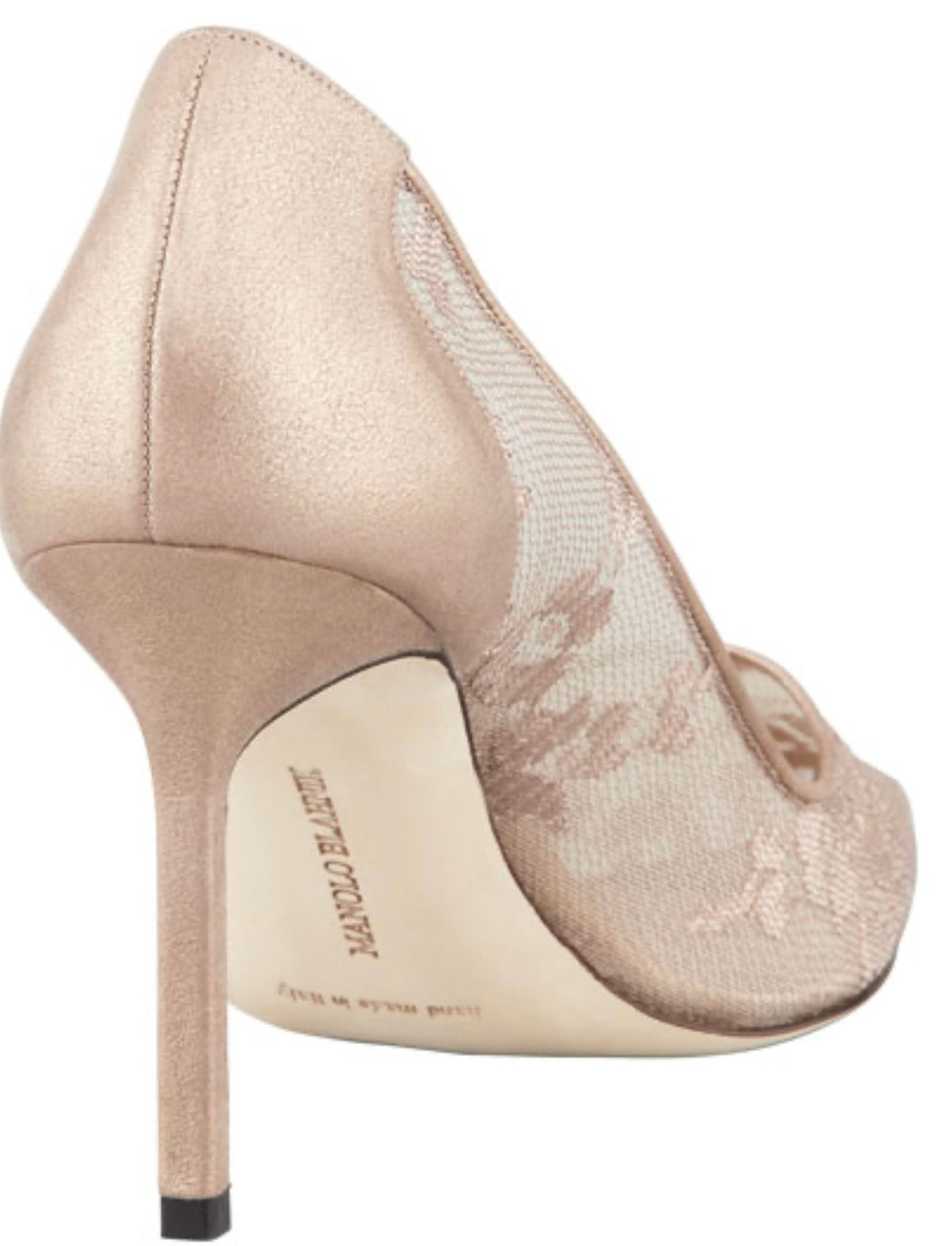 Manolo Blahnik
BB Metallic Lace Pointed-Toe Pump, Nude/Gold