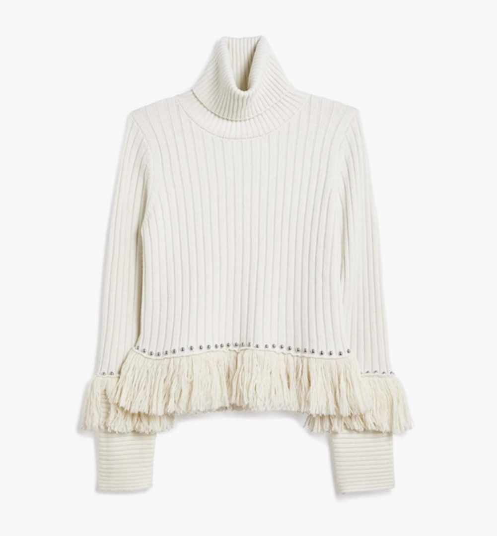 Jonathan Simkhai Merino Wool Knit Sweater with Fringe and Studs