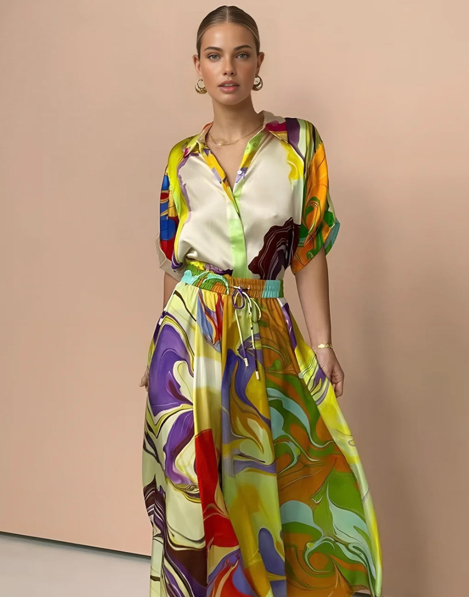 Commense - Satin Print Drawstring Skirt Set