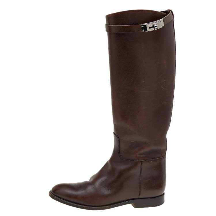 HERMES chocolate brown knee high leather boots with silver buckle detail