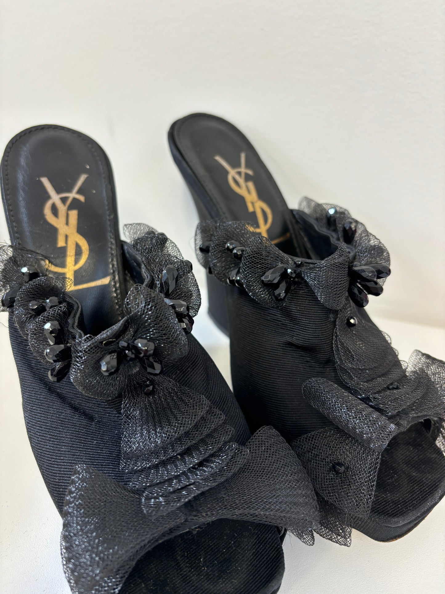 YSL black wedge evening shoes with bow and beading details