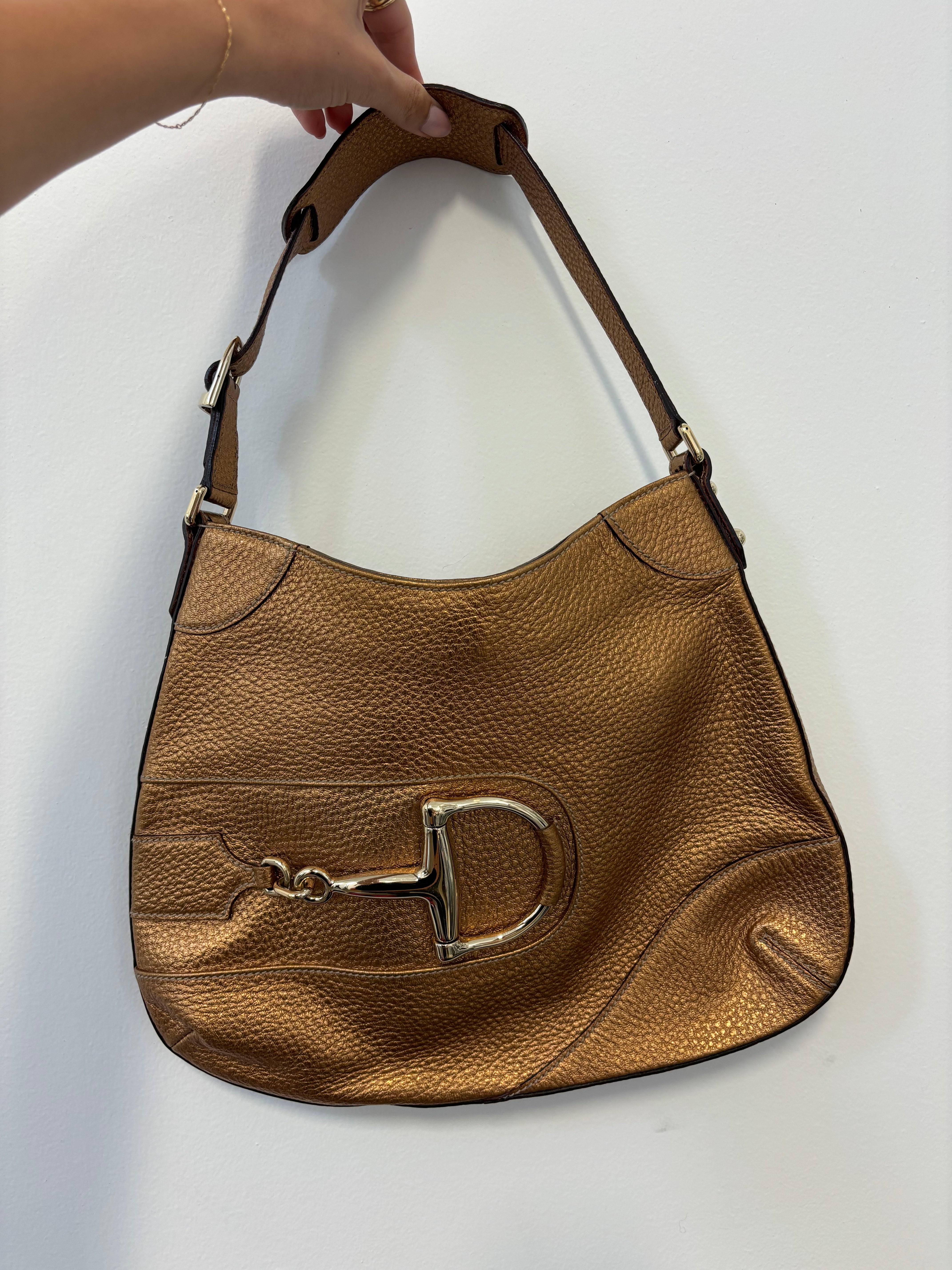 GUCCI gold leather bag, large gold horsebit, w dust bag