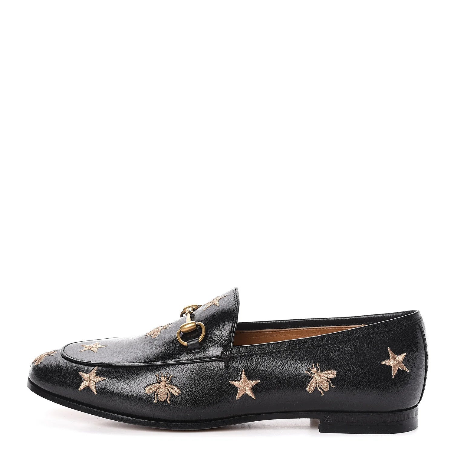 GUCCI black leather embroidered bee horsebit slip on loafer