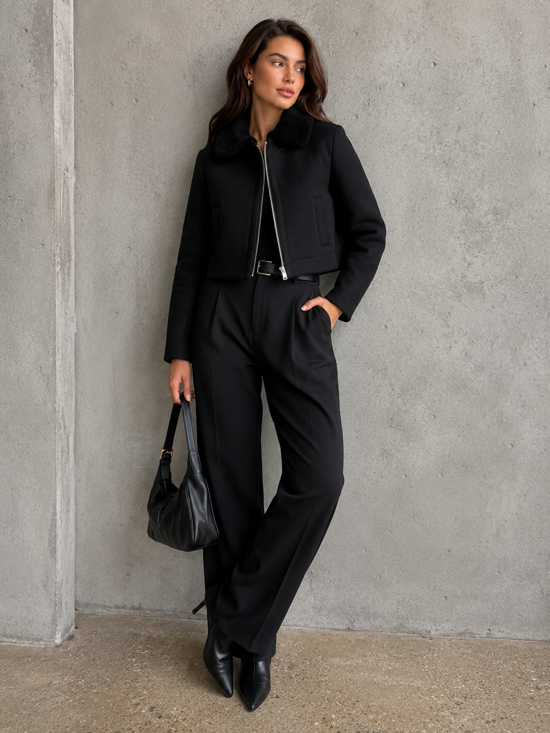 VINCE black cropped jacket, wool with sherpa collar