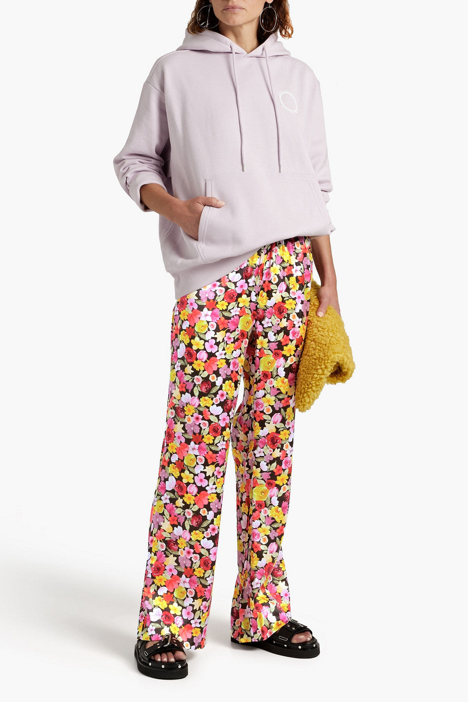 GANNI silk blend floral pant, red pink yellow black