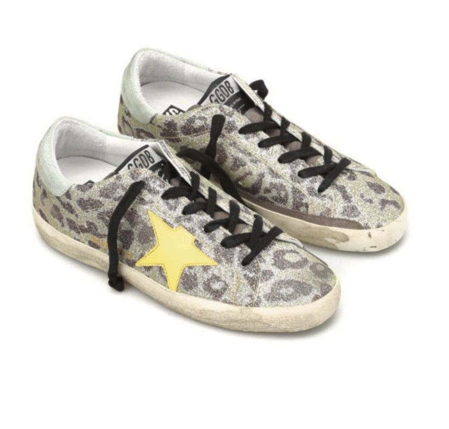 GOLDEN GOOSE Superstar Sneakers, Silver Sparkle Leopard with Yellow Star