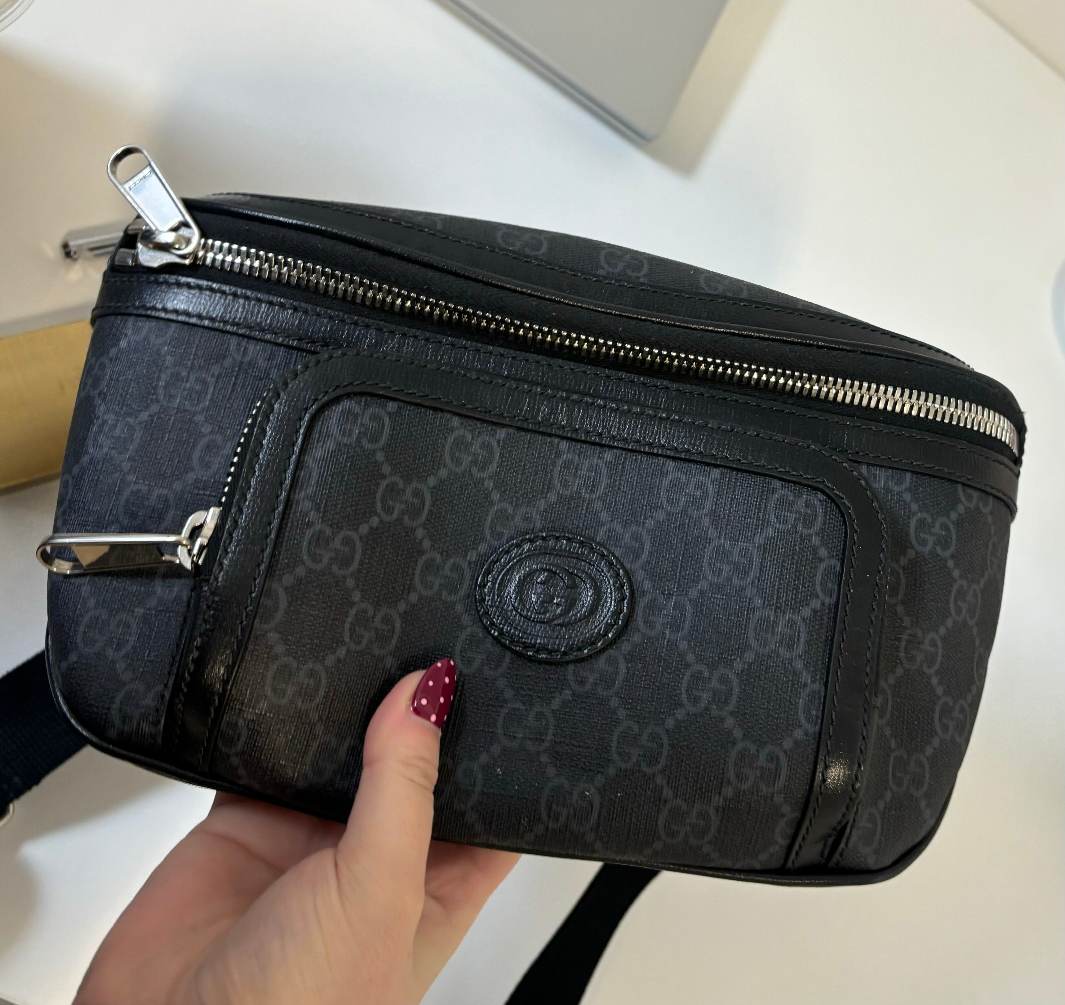 GUCCI monogram navy blackish belt bag, silver zipper