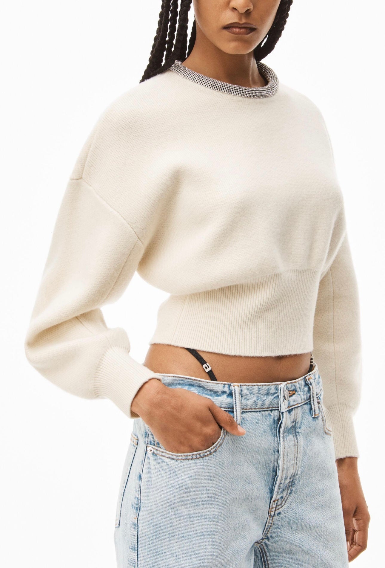 Alexander Wang CRYSTAL NECKLINE PULLOVER IN WOOL Ivory