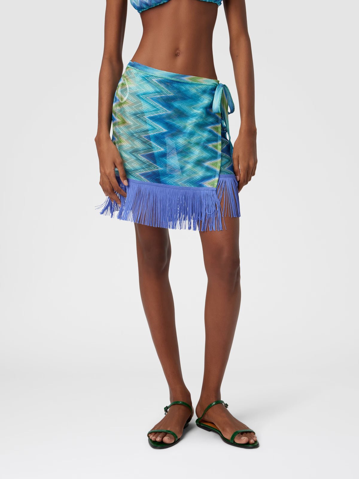 Missoni Blue Zigzag Knit Halter and Fringe skirt wrap set