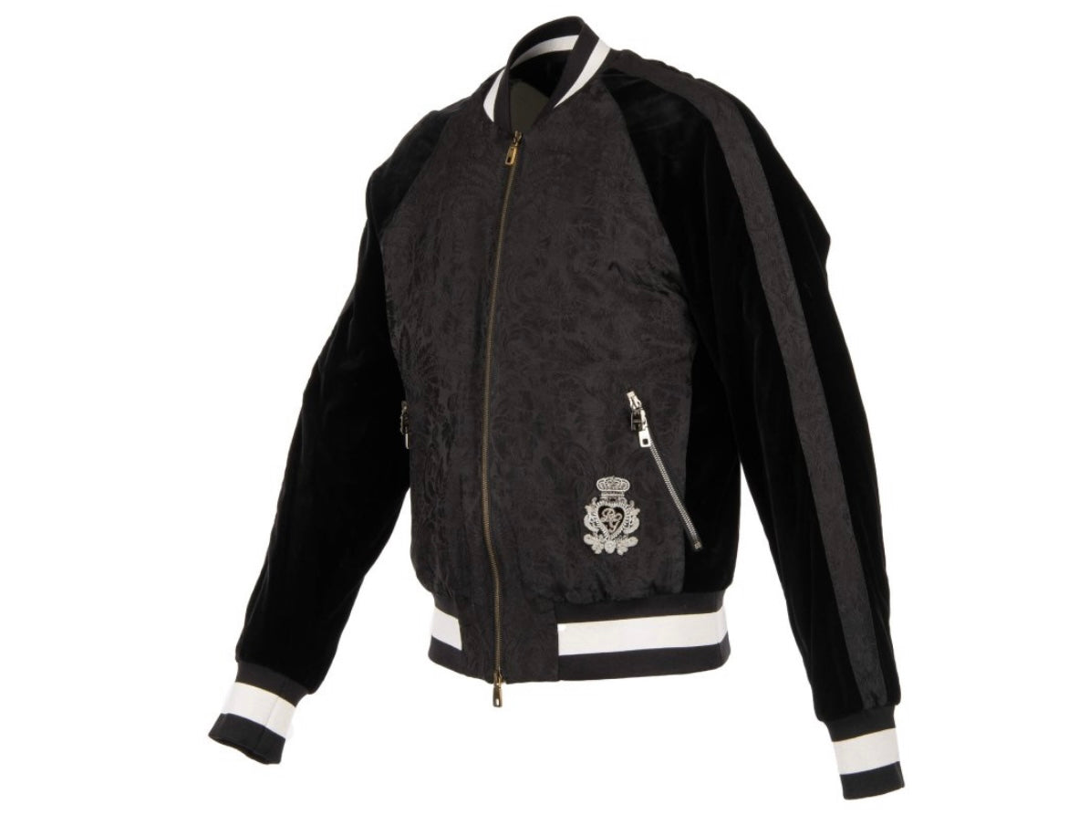 DOLCE & GABBANA KIDS - Velvet and Brocade Varsity Jacket with Embroidered Logo Black