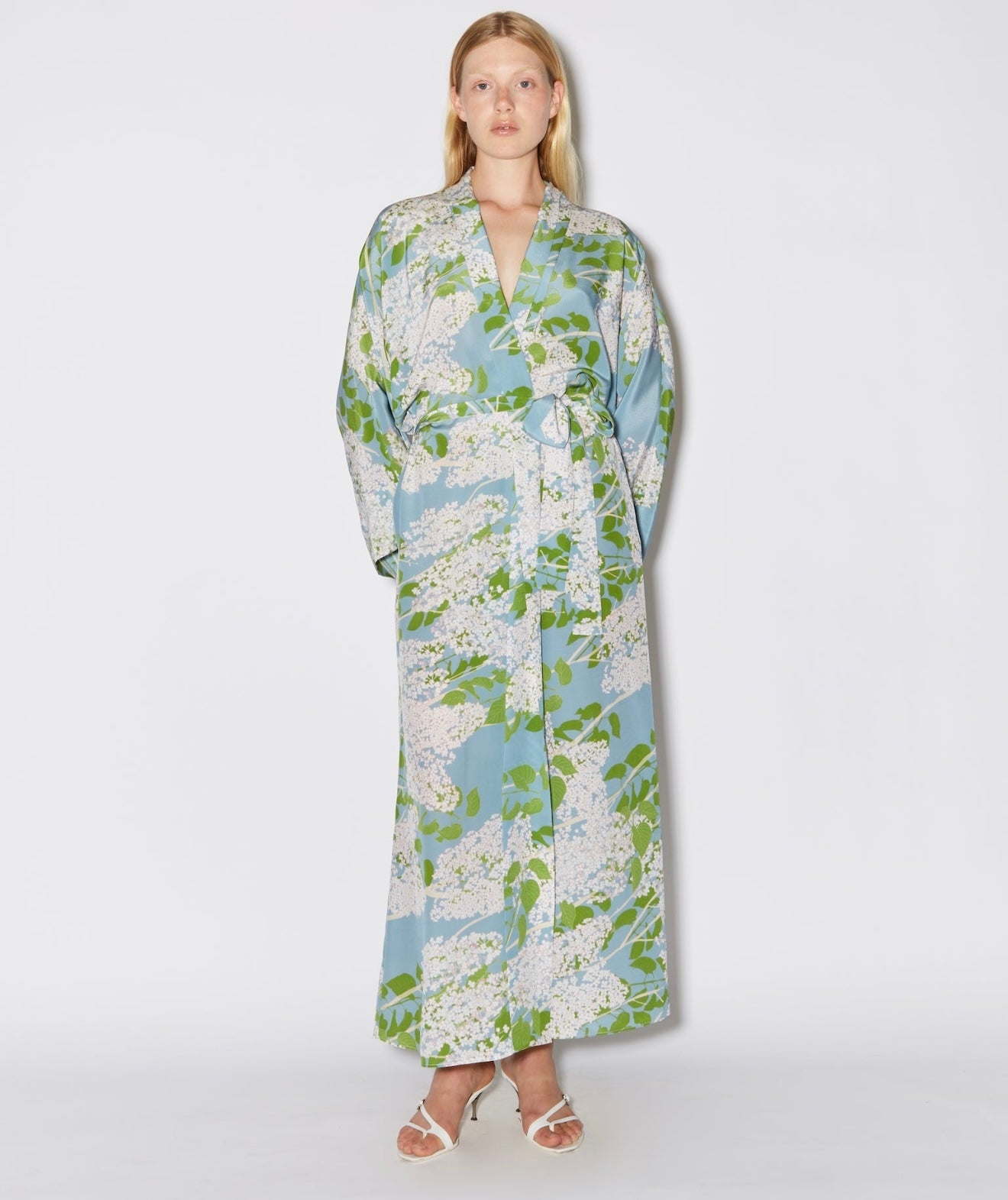 BERNADETTE
Peignoir Floral-print Silk Wrap Dress In Blue