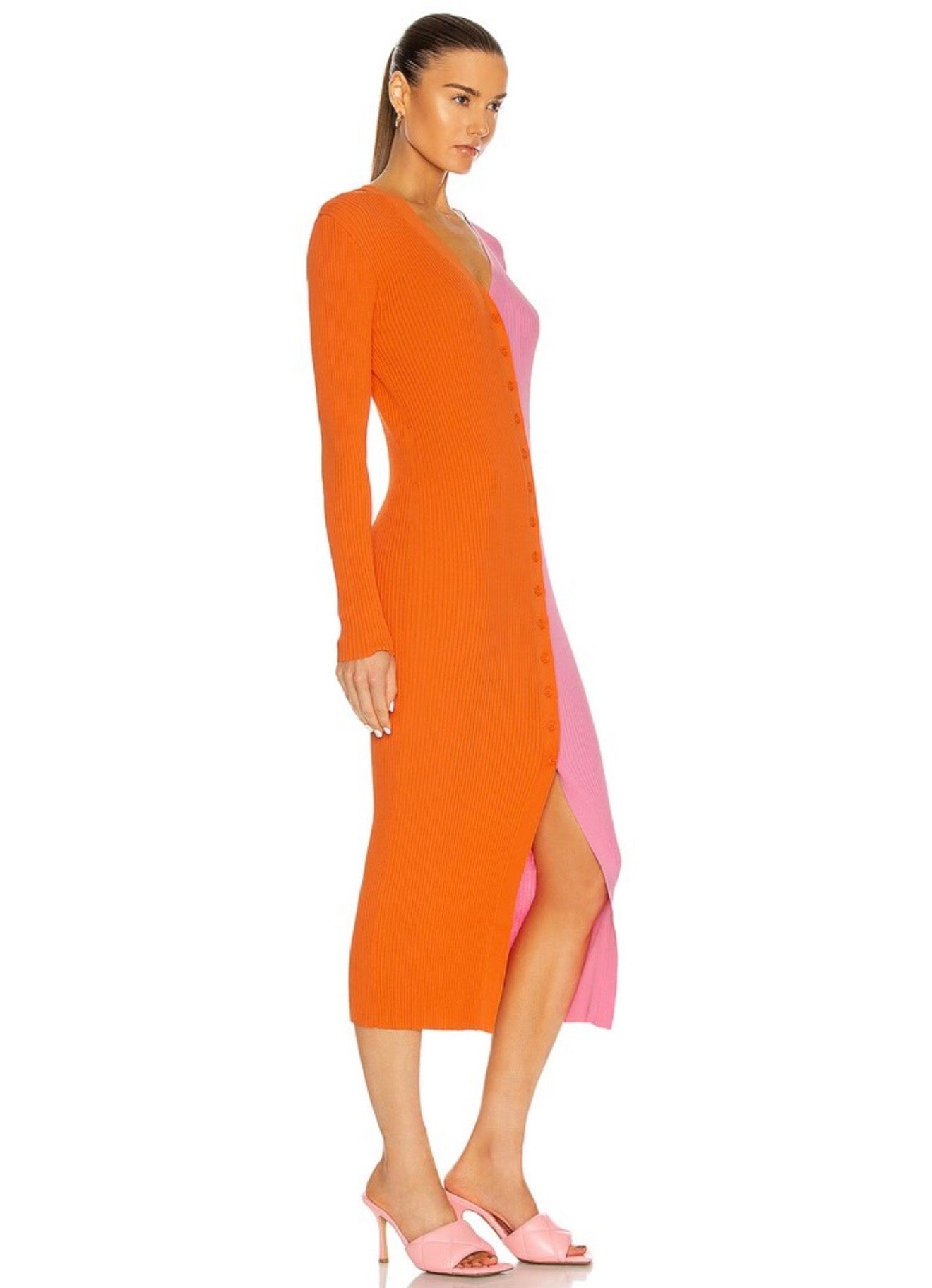 STAUD orange and pink split long sleeve maxi dress