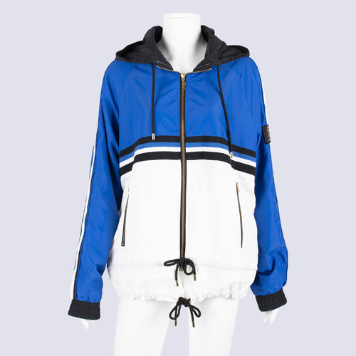 PE NATION nylon zip up jacket with hood, royal blue and white with stripe across center