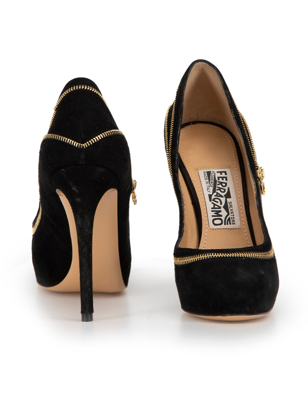 SALVATORE FERRAGAMO black suede heels with gold zipper heels