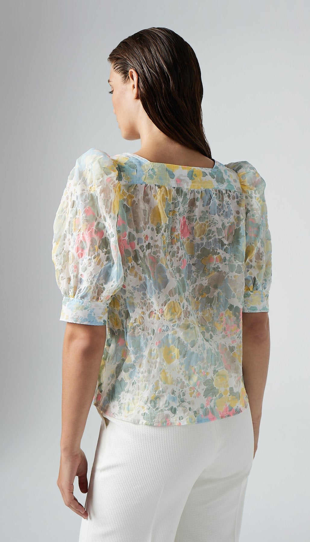 SMYTHE pastel floral top with puff sleeves and buttons
