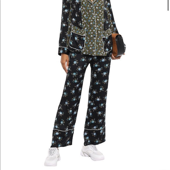 Sandro Blue and Black Floral Satin Pajama Style Set