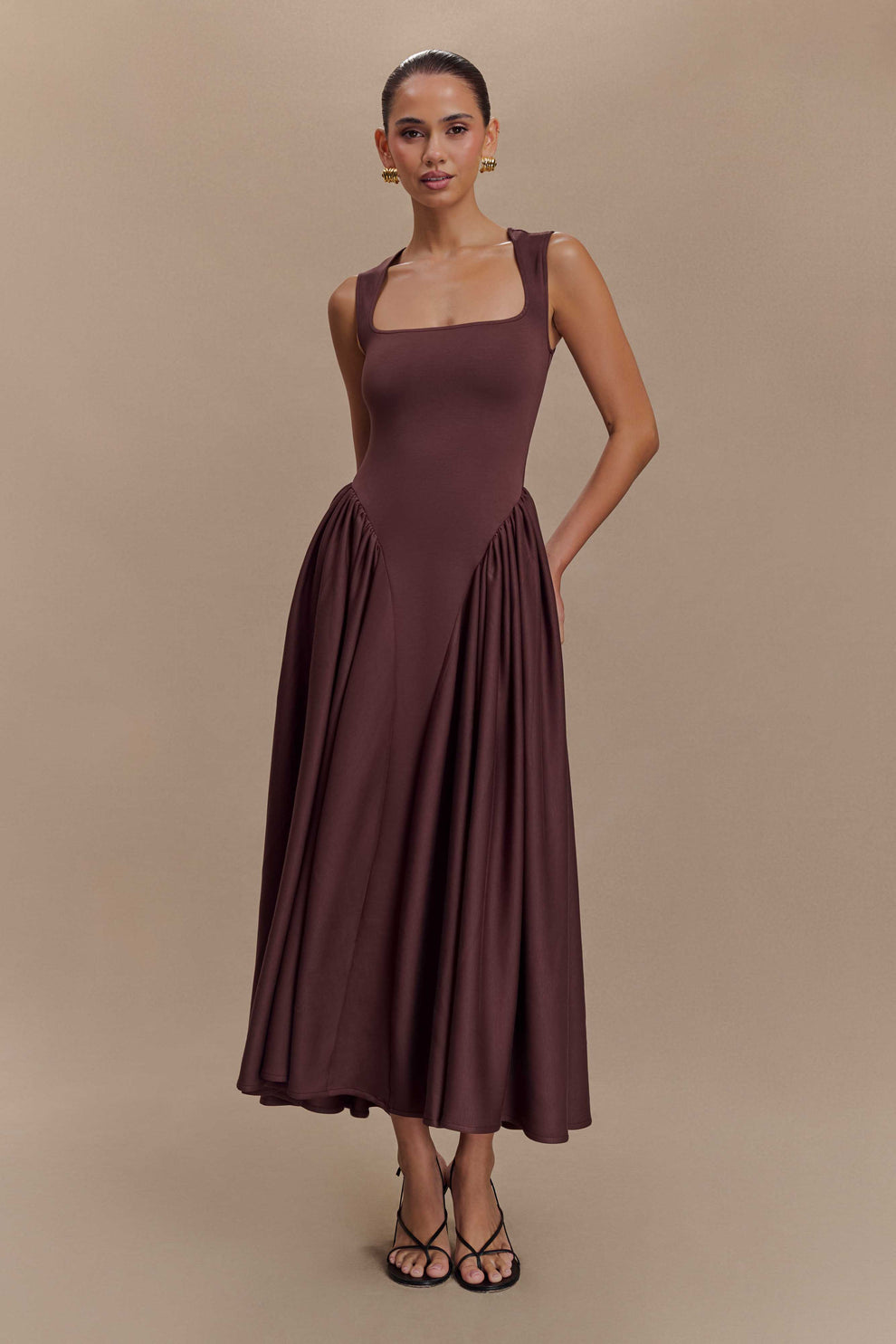 MESHKI Sharon Scuba Jersey Midi Dress - Cacao Brown
