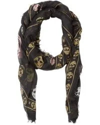 ALEXANDER MCQUEEN black skull scarf with multi colour skulls
