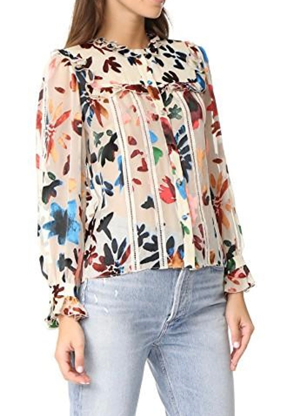 Alice + Olivia Sheer Ruffle Multicolour Print Button Up Blouse
