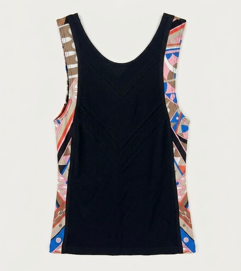 EMILIO PUCCI black tank top with multicolour print strip on sides