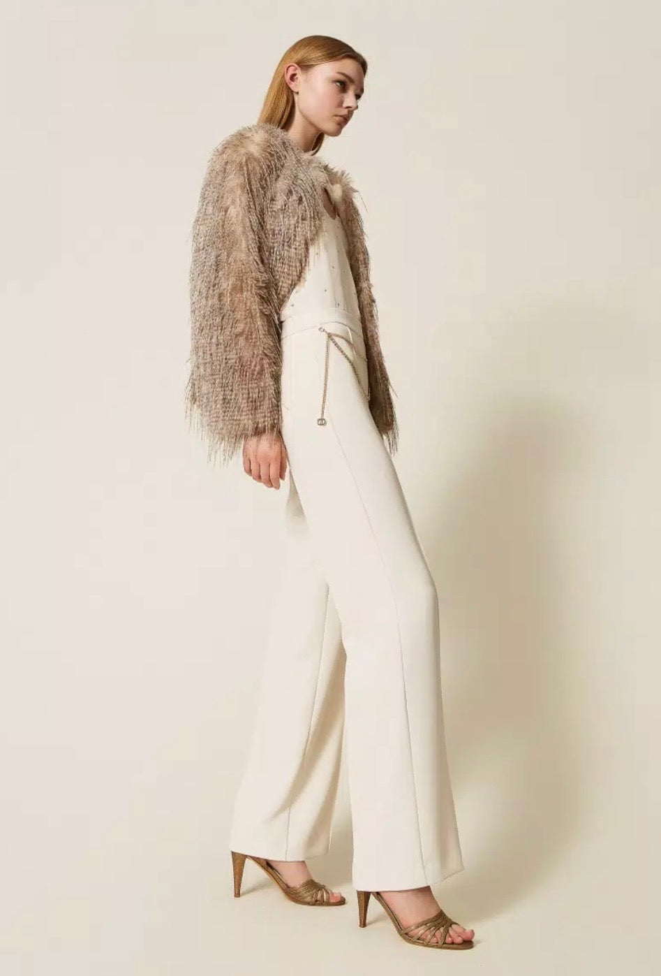 Twinset crepe cady cream pleated pants with gold chain