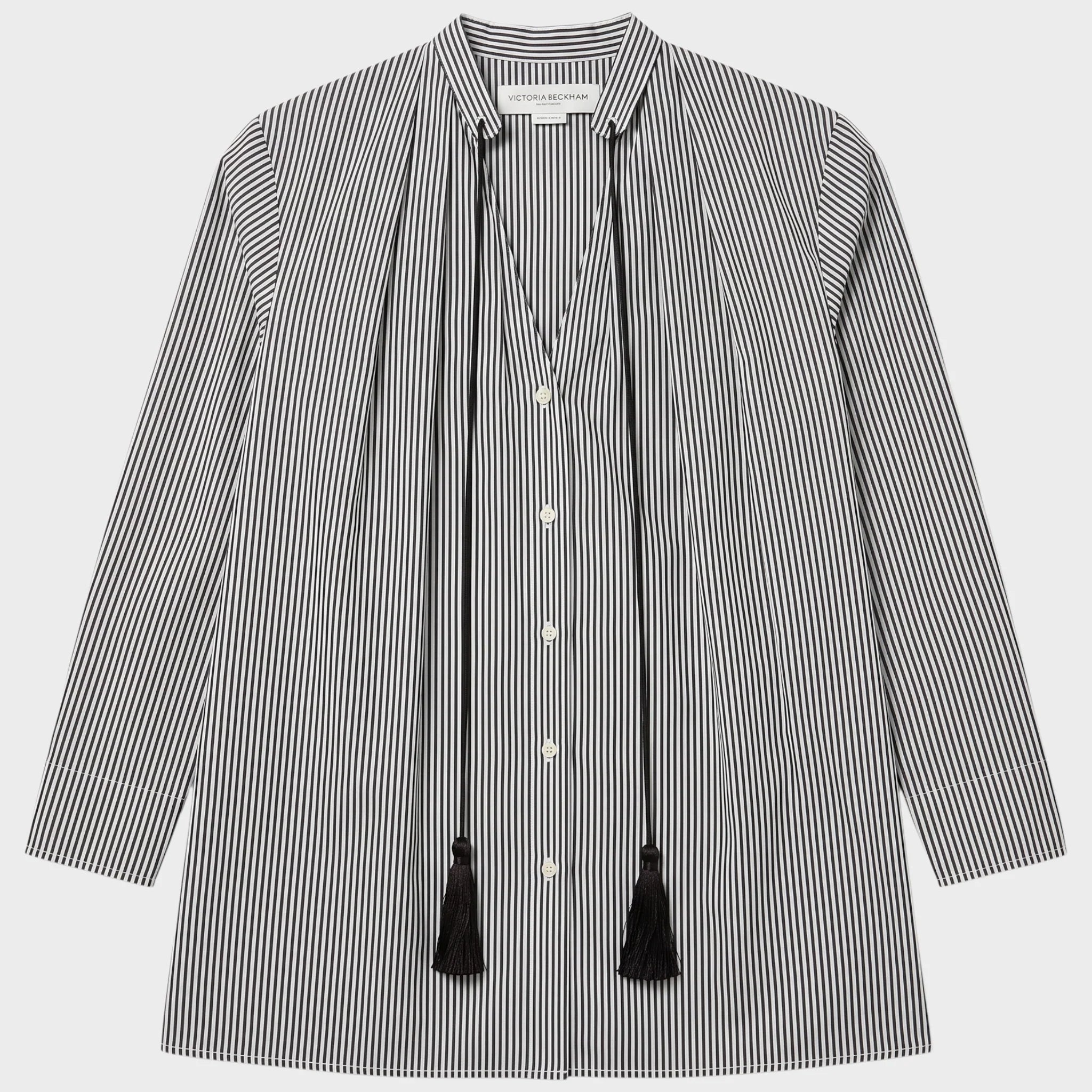 VICTORIA BECKHAM black and white stripe blouse with black tassle rope tie on neck