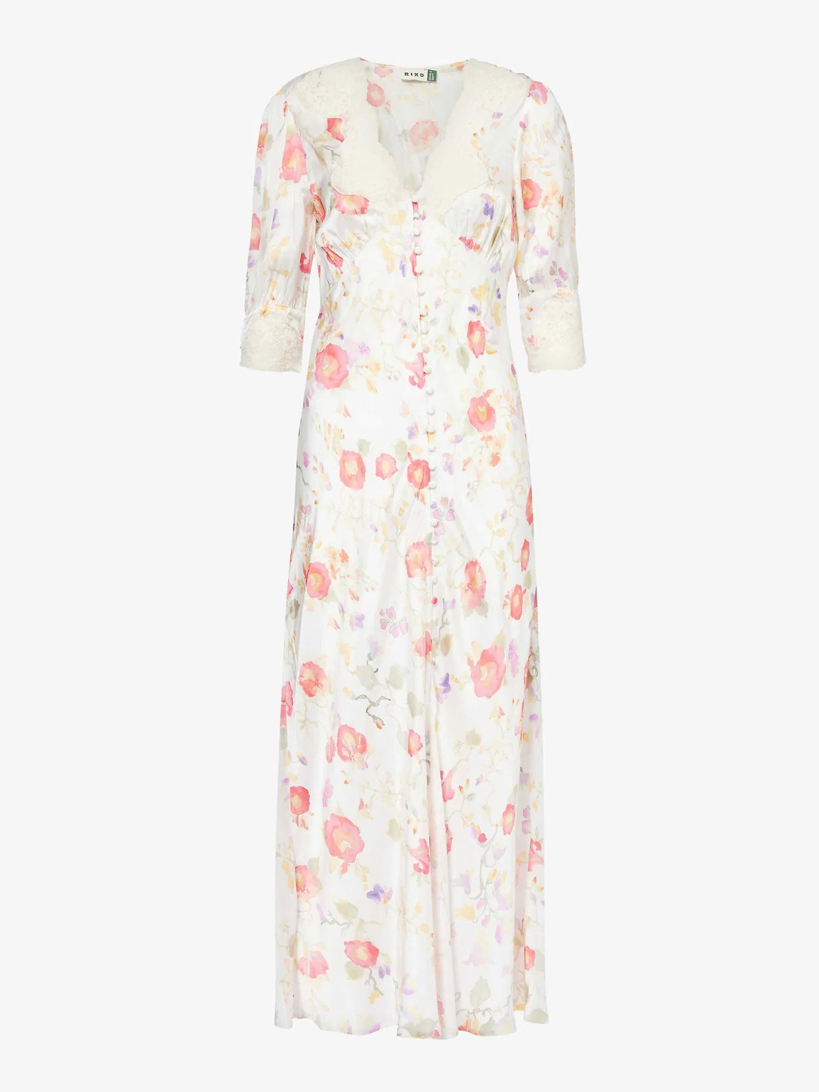 RIXO silk & lace white dress with floral print