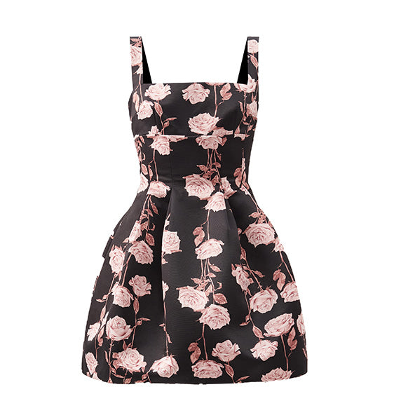 EMILIA WICKSTEAD BLACK AND PINK ROSES MINI DRESS