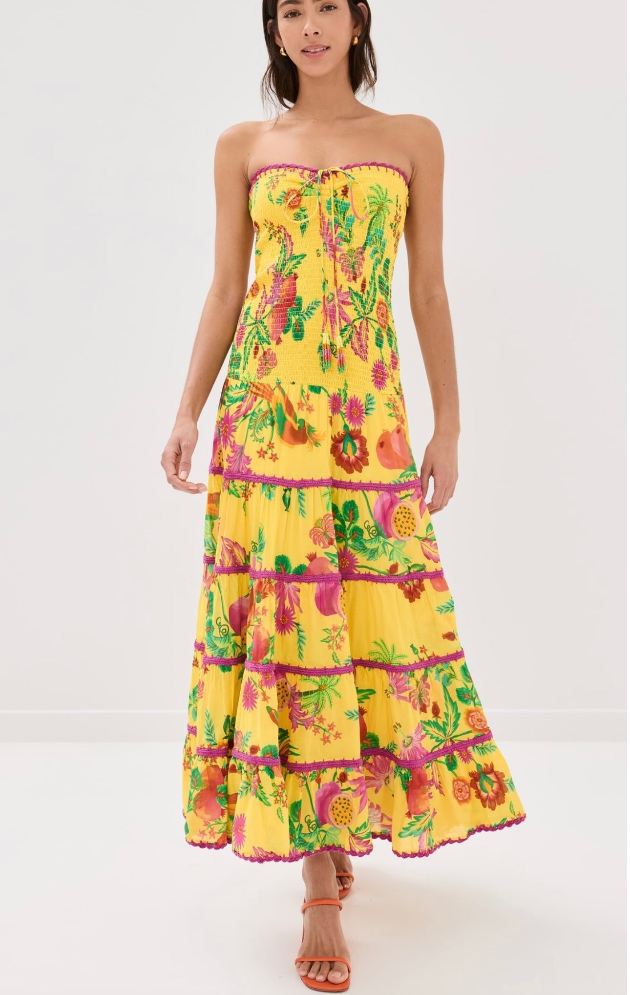 FARM Rio
Delicate Fruit Garden Yellow Smocked Maxi Dress
