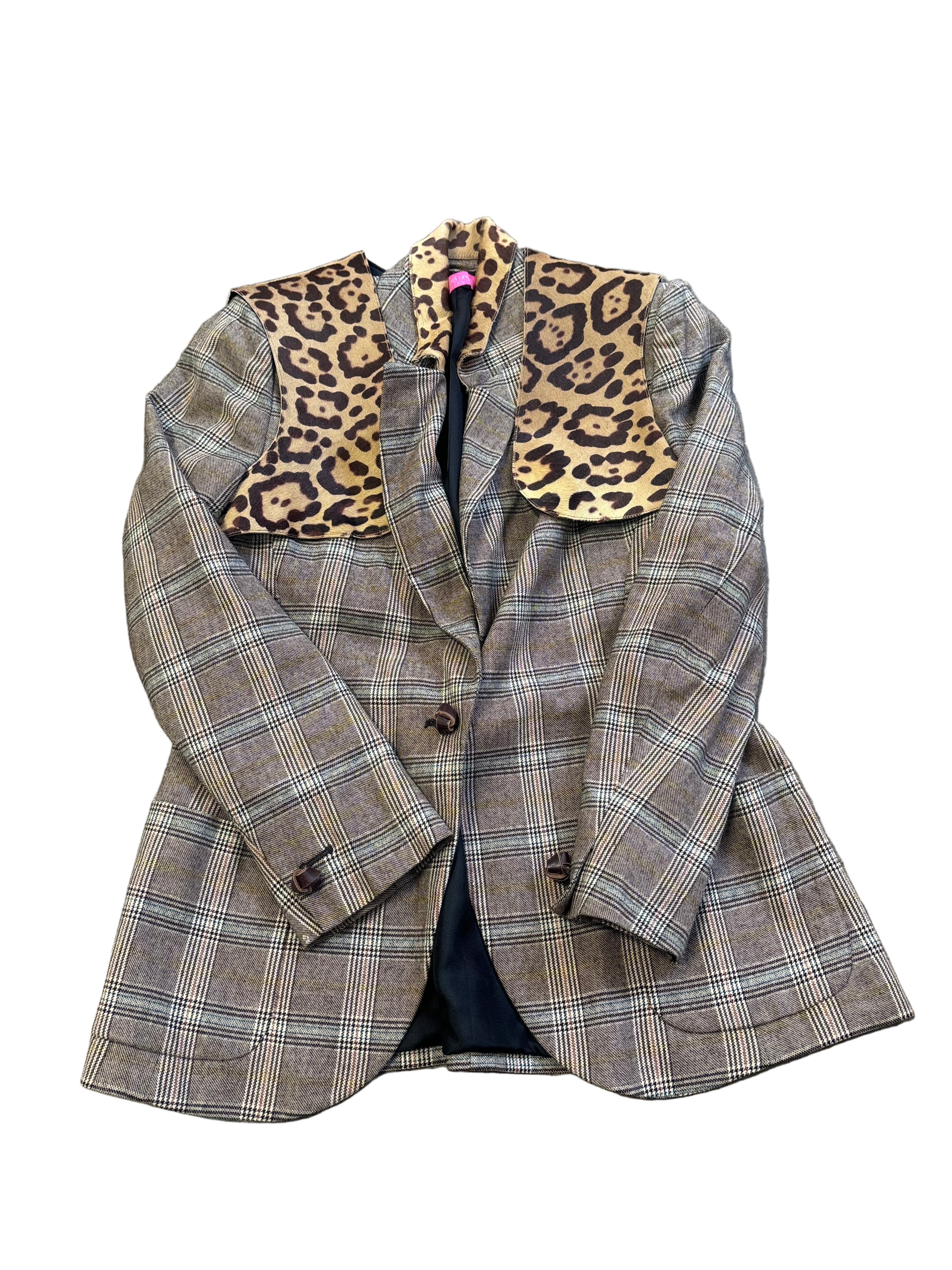 HUGO NICHOLSON light brown plaid blazer with leopard collar