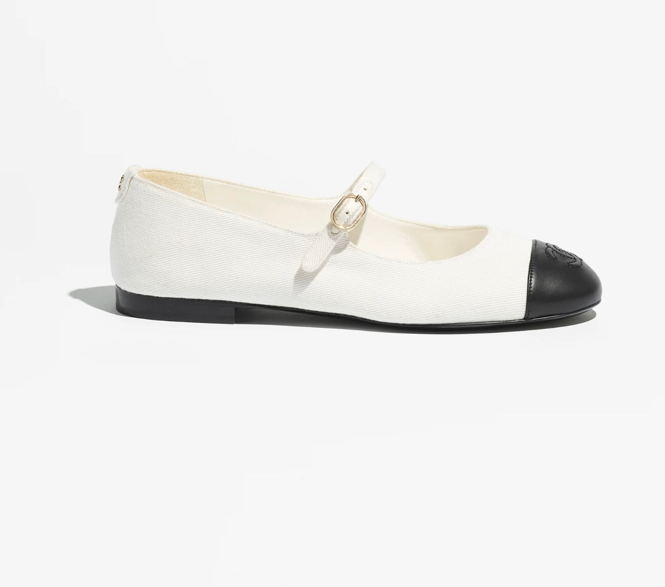 CHANEL MARY JANE FLATS IN COTTON & LAMSKIN, WHITE & BLACK