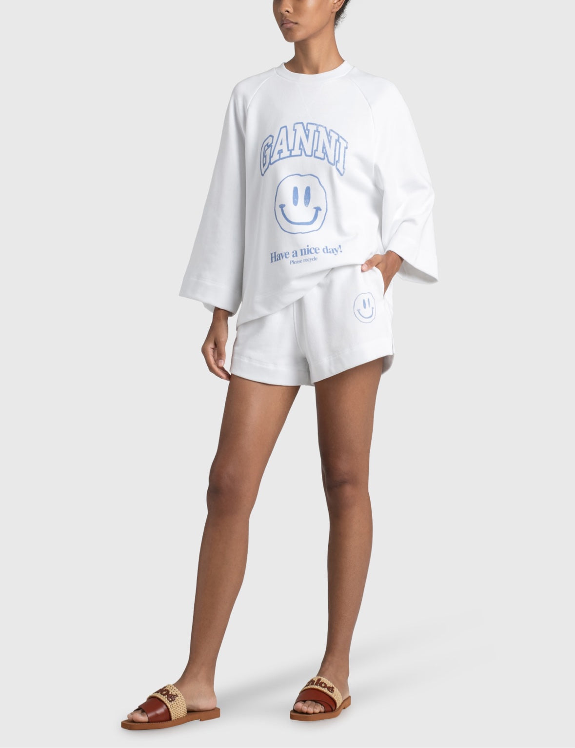 Ganni White Smiley Have a Nice Day Sweatshirt and Shorts Set