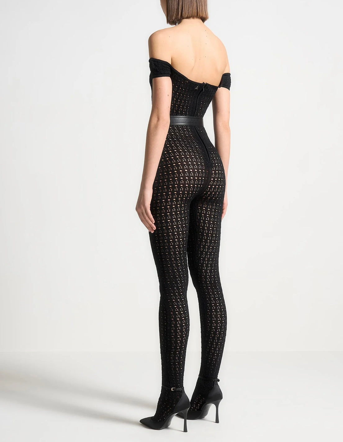 MANIERE DE VIOR black knit pointelle jumpsuit with leather belt