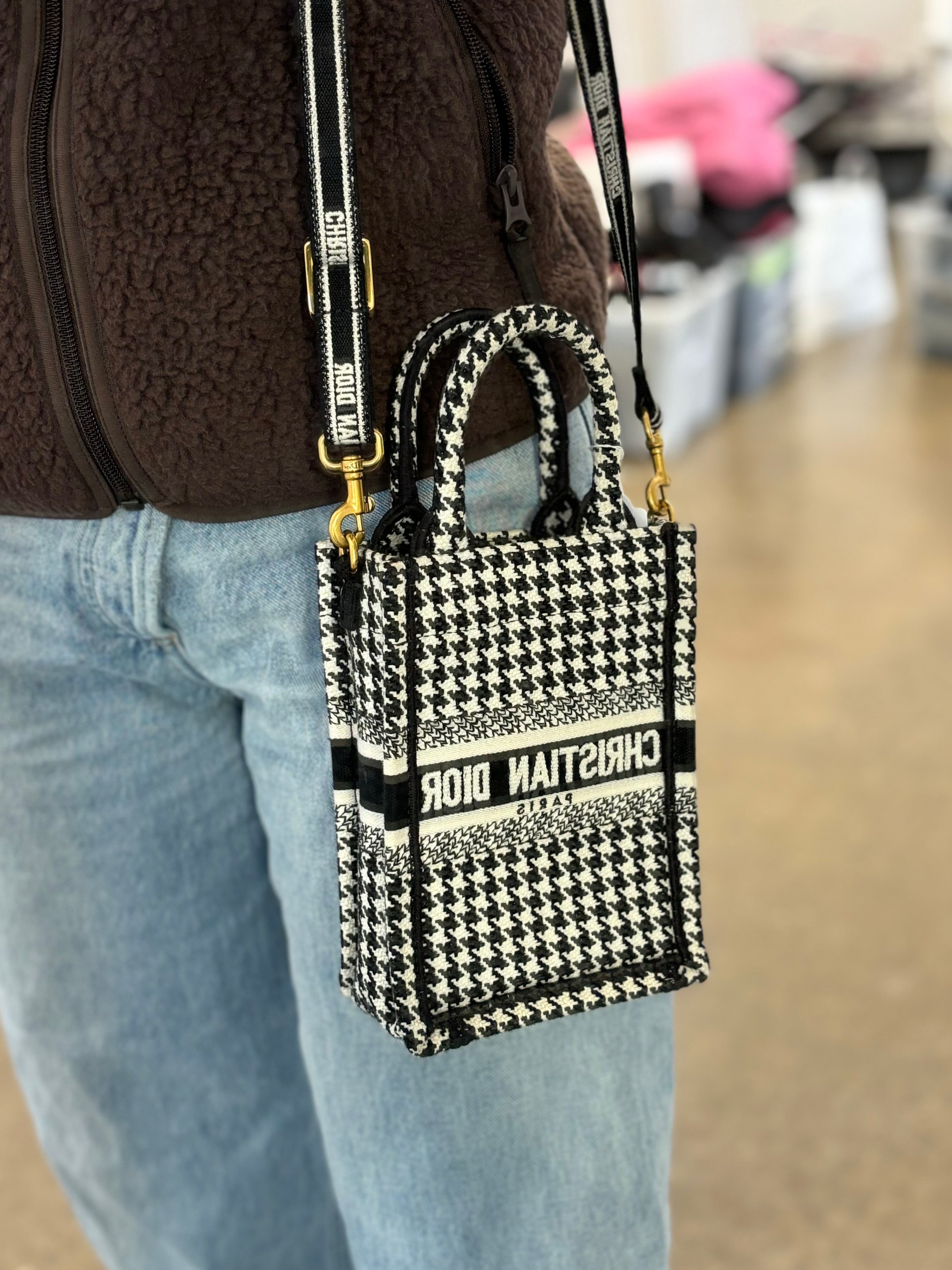 Dior Houndstooth Embroidery Mini Tote