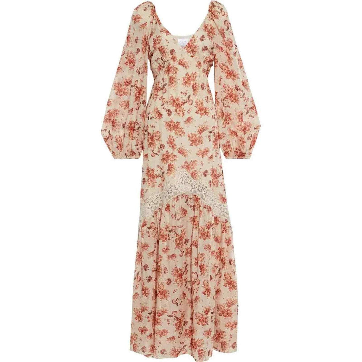 Cami NYC Cream Red Floral Lace Trim Midi Dress with Puff Sleeves