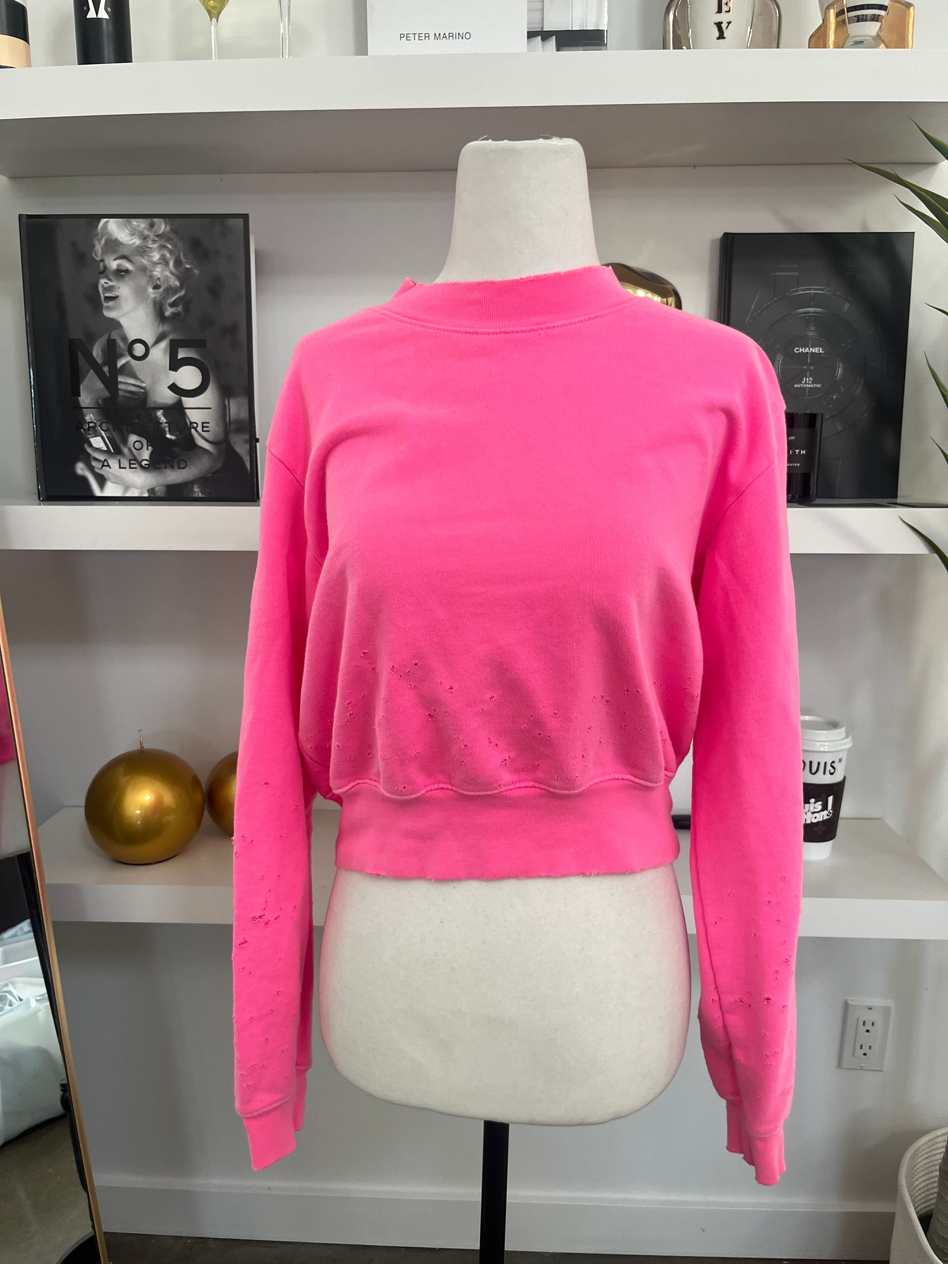COTTON CITIZEN neon pink distressed cropped sweatshirt
