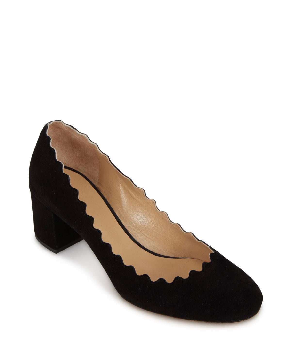 CHLOE black scalloped velvet block heel