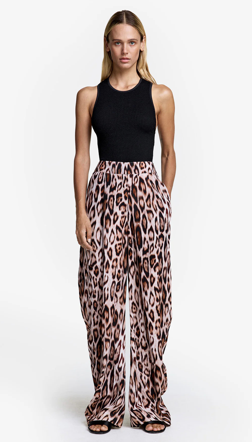SMYTHE bow leg leopard linen pants, slightly sheer, black and light brownish/burgundy