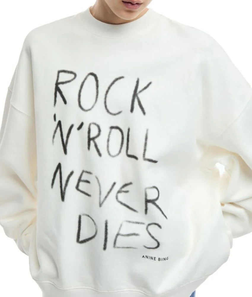 ANINE BING white 'rock n roll never dies' crewneck