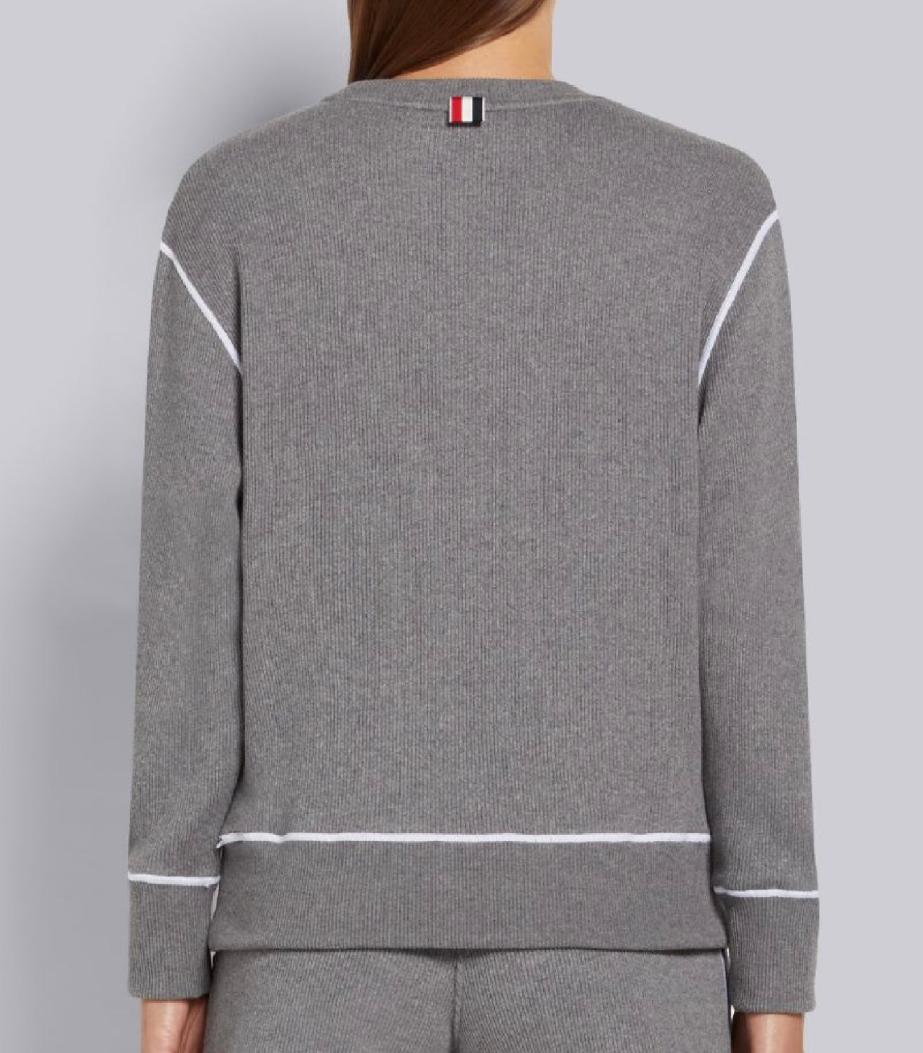 THOM BROWNE - GREY MESH BACK COTTON RIB CONTRAST COVER STITCH CREW NECK PULLOVER SWEATSHIRT