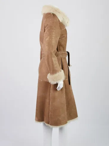 BURBERRY light brown sheepskin suede coat with real fur trim and belt