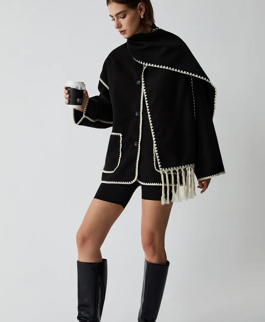 COMMENSE - Contrast Trim Jacket With Matching Scarf