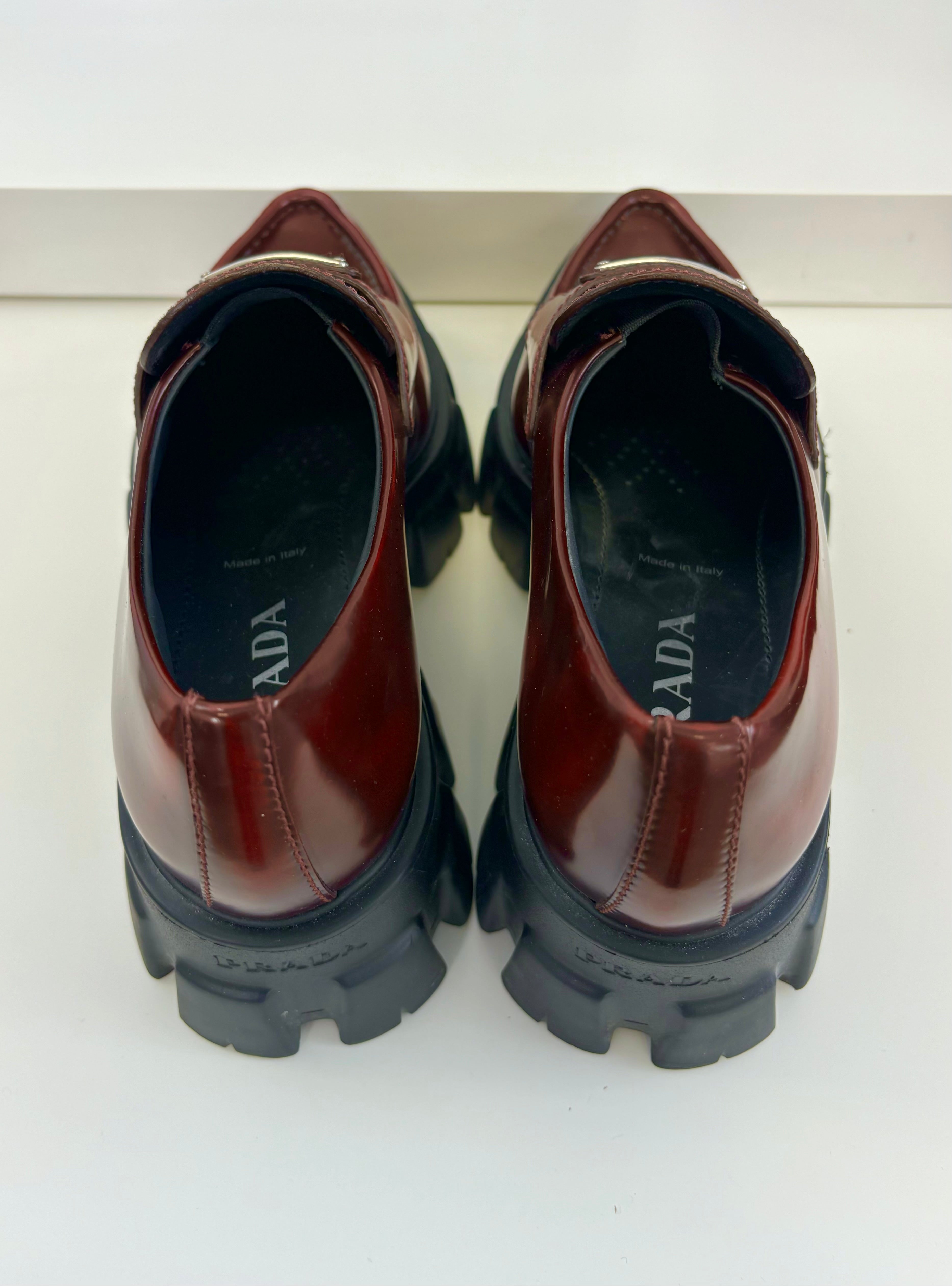 PRADA red chunky pointed toe loafers