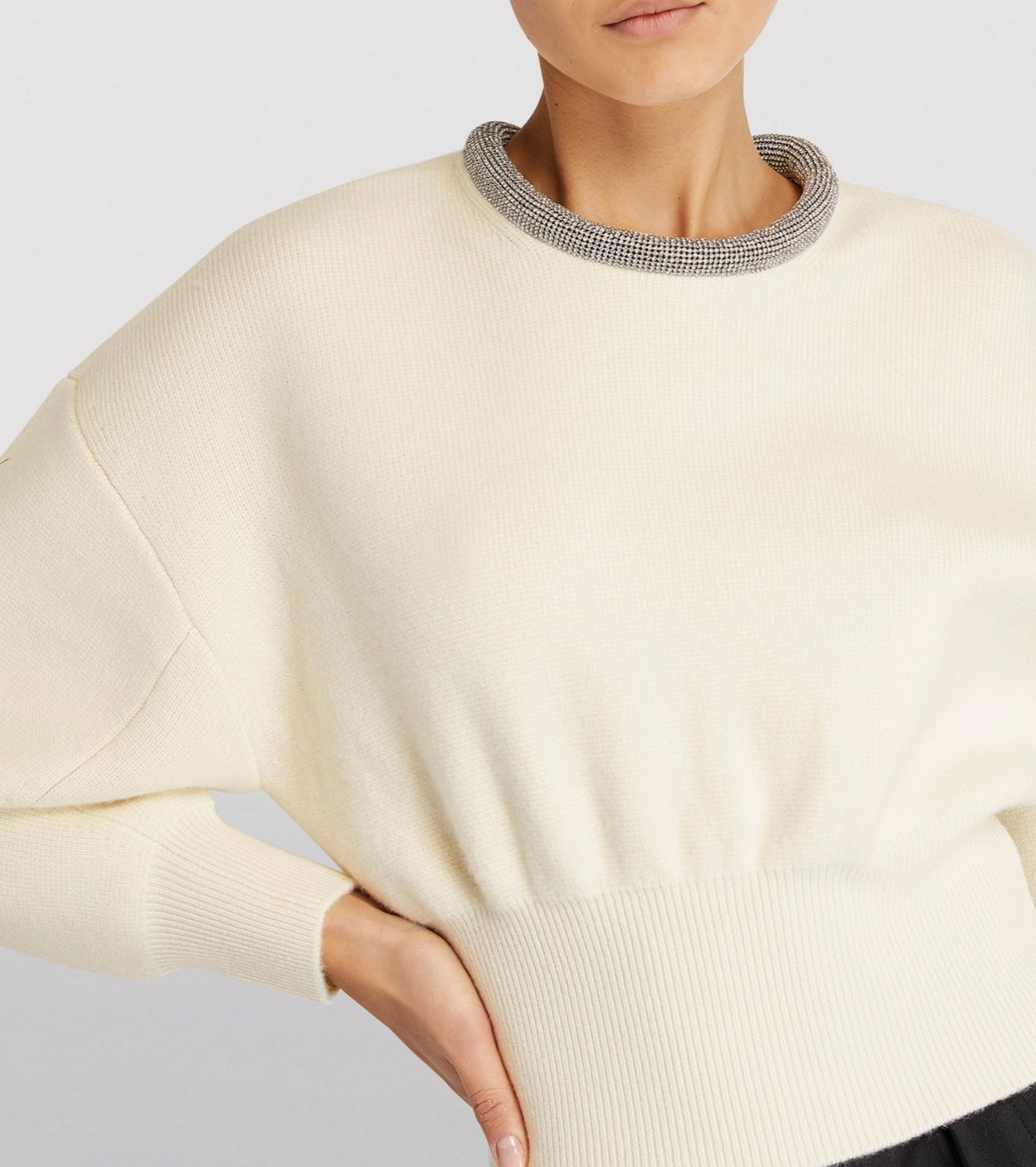 Alexander Wang CRYSTAL NECKLINE PULLOVER IN WOOL Ivory