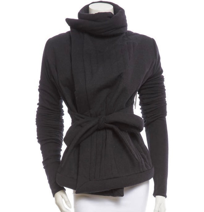 RICK OWENS LILIES black long sleeve sweater/jacket, belt attached, quilted back