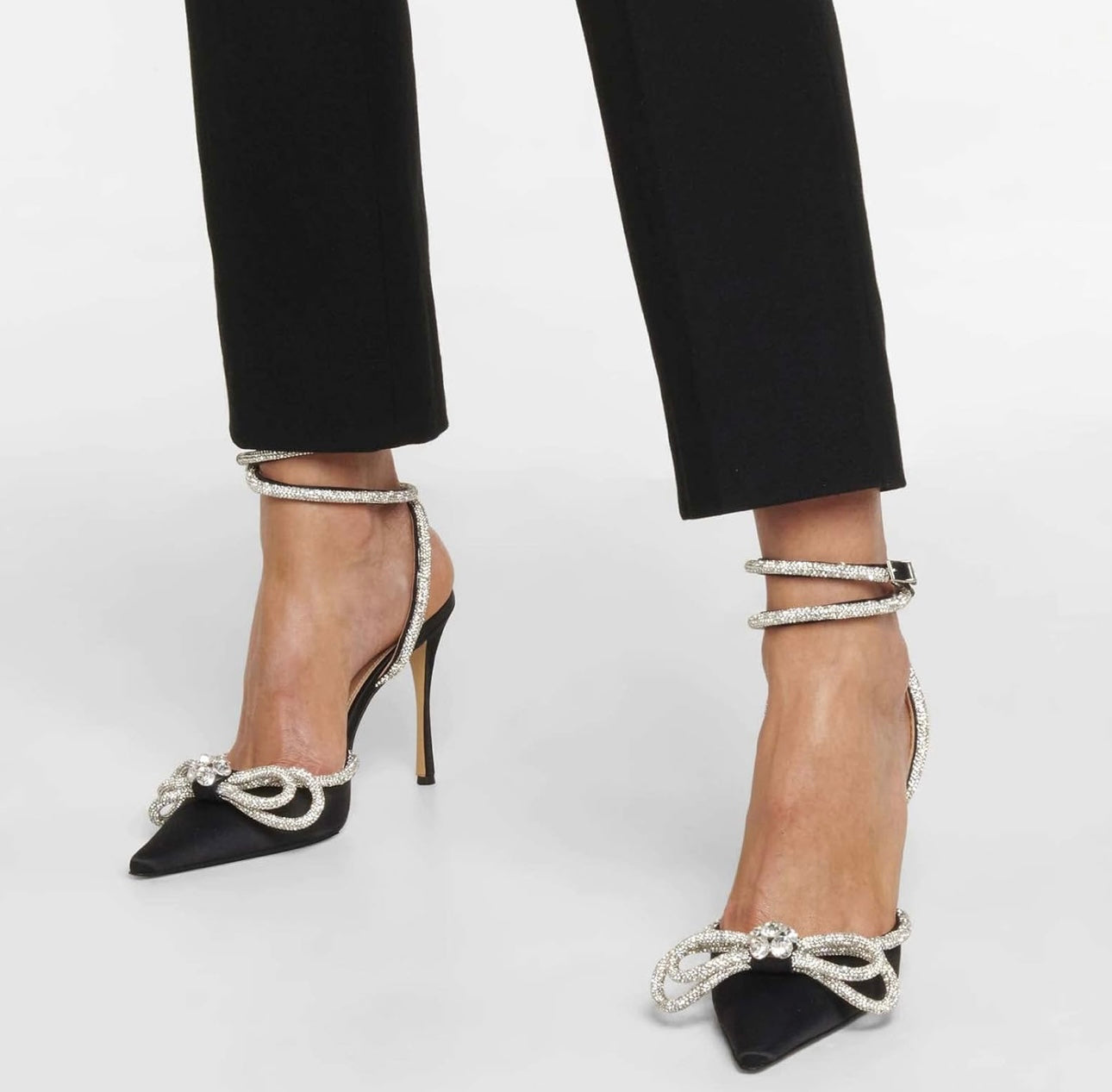 MIRAAZZURRA Women High Heeled Sandals Satin Sparkly Rhinestone Double Bow Sandals Pointy Toe Stiletto Adjustable Crystal Ankle Straps Buckle Shoes Summer Bridal Shoes