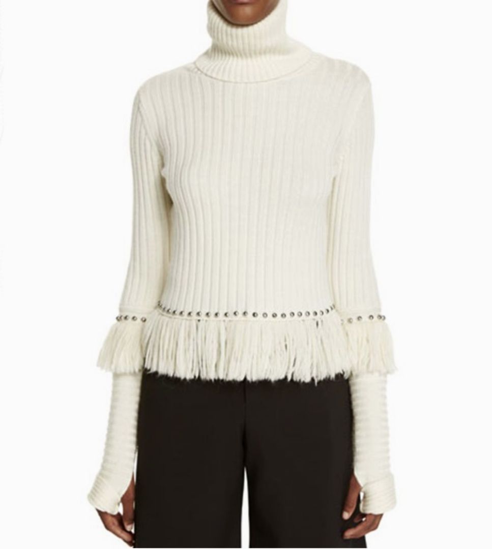 Jonathan Simkhai Merino Wool Knit Sweater with Fringe and Studs