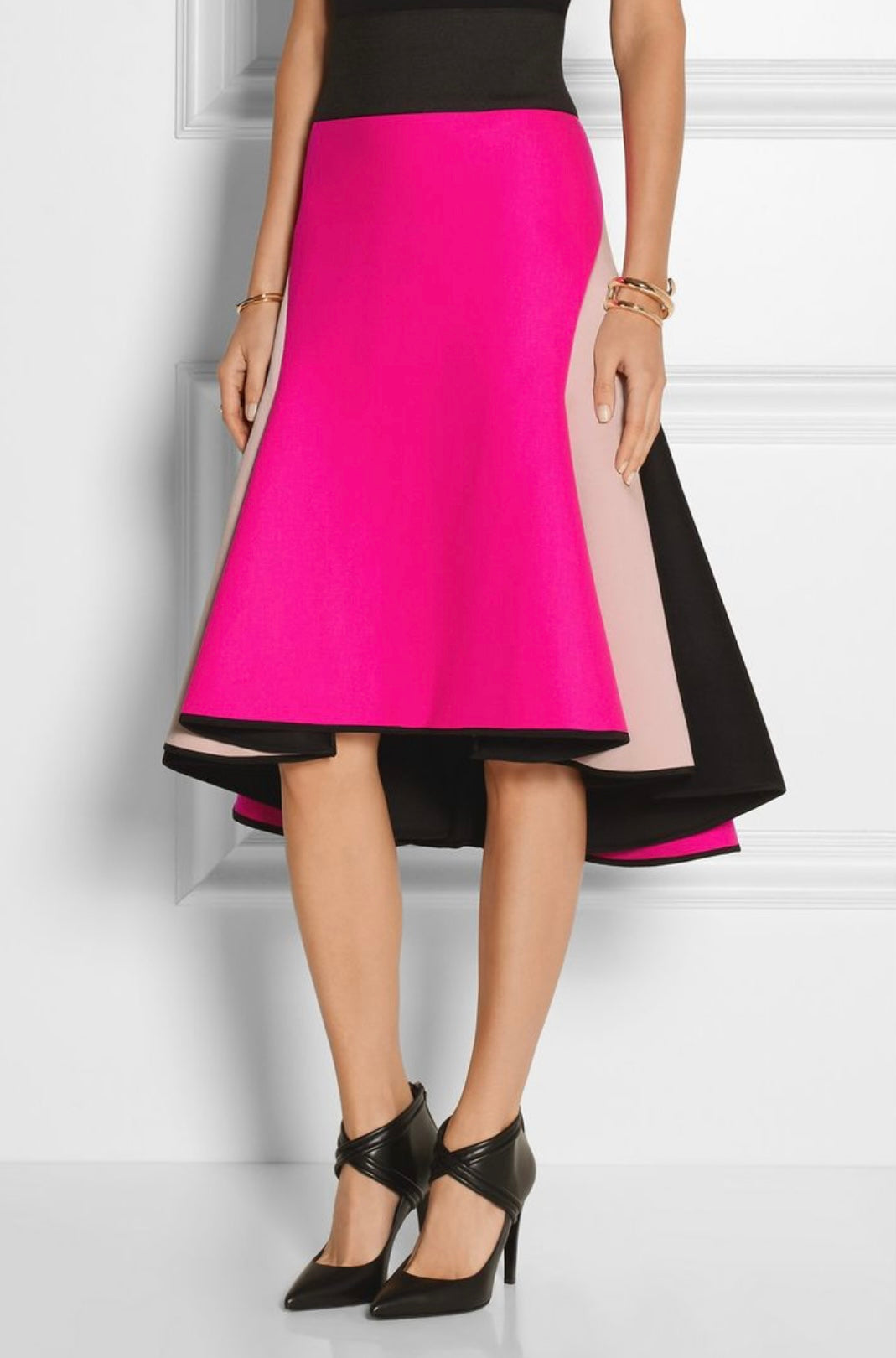 MILLY - Asymmetric melton wool-blend and satin Colorblock skirt