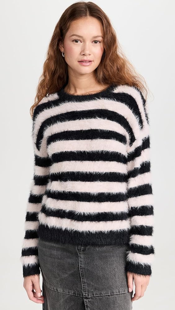 VELVET faux mohair sweater pink and black striped crewneck