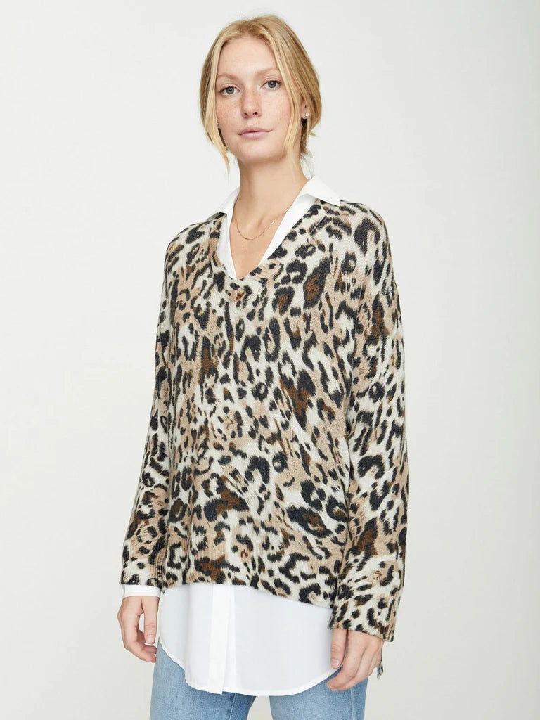 BROCHU WALKER leopard print knit long sleeve with white blouse attached underneath